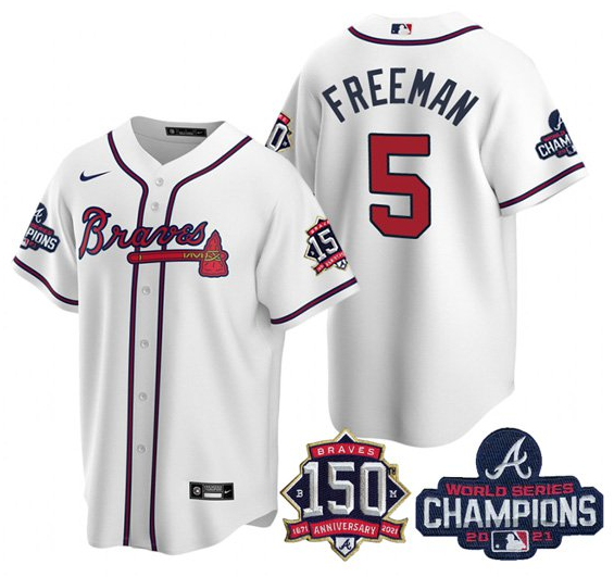 Men's Atlanta Braves #5 Freddie Freeman 2021 White World Series Champions With 150th Anniversary Flex Base Stitched Jersey Men's Atlanta Braves #5 Freddie Freeman 2021 White World Series Champions With 150th Anniversary Flex Base Stitched Jersey